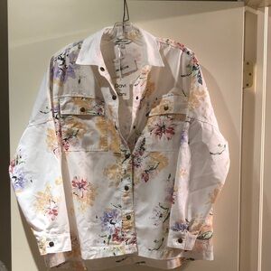 DAVI & DANI White Denim Jacket with Subtle Yellow Lilac Black and Green Accents